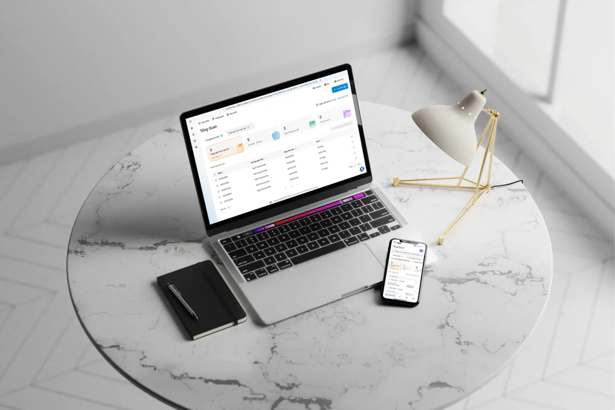 Time management interface shown on laptop and mobile screens